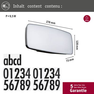 White wall lamp with dimensions 276 x 128 x 73 mm, power 9.5 W, protection class IP44. Text '5 Years Warranty' on a red background.