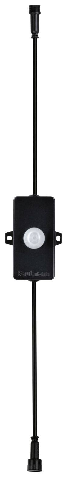A black switch with a round button in the centre, connected to two black cables, one cable on each side.