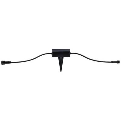Black garden cable distributor with ground stake and two plug connections, suitable for outdoor use.