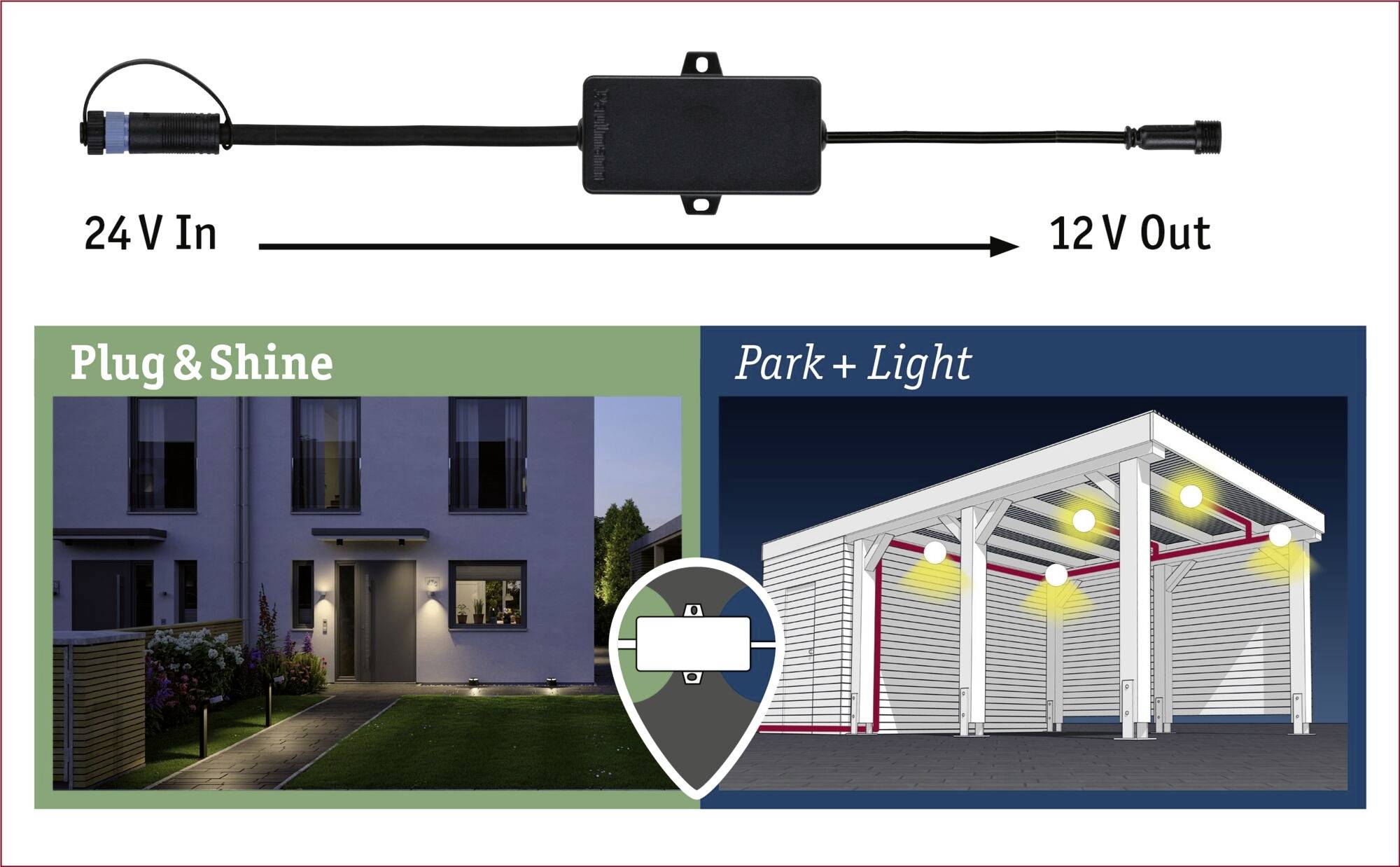 'Plug & Shine' Converter: 24V Input, 12V Output. Left: House with garden lighting. Right: Covered lighting of a parking area.