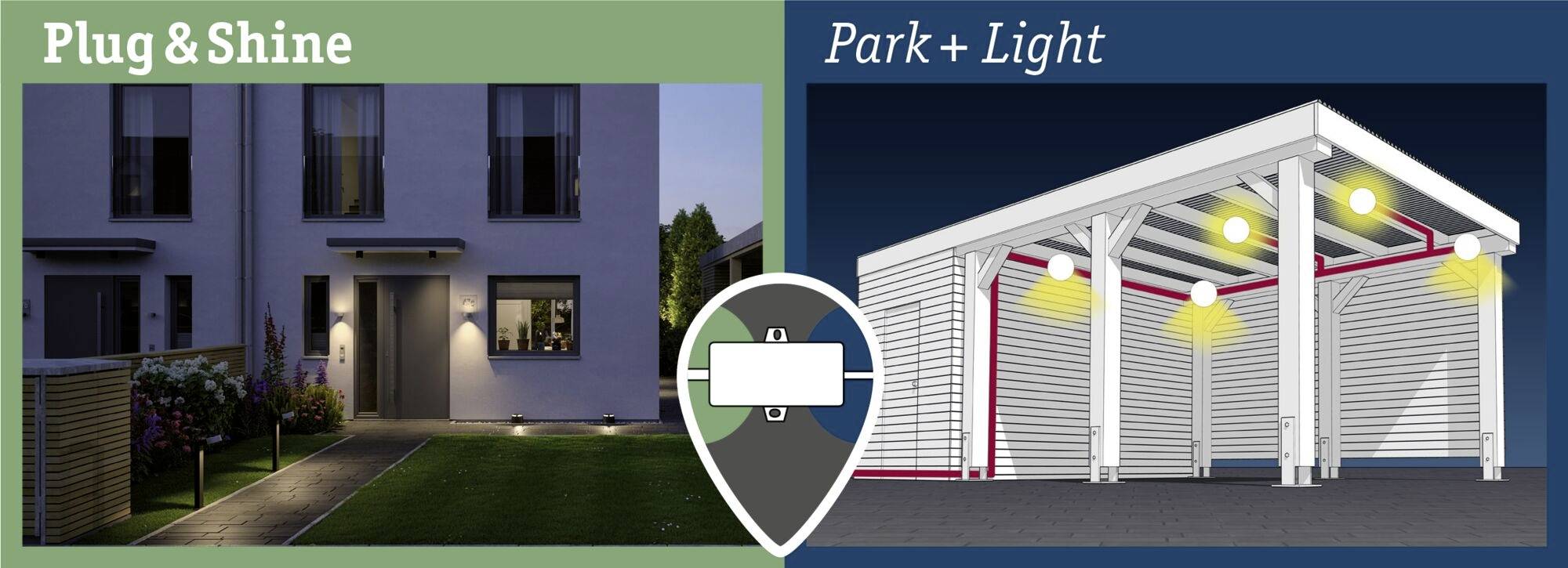 'Plug & Shine' shows a house illuminated by lights. 'Park + Light' depicts a car park roof that is lit up. Both images highlight outdoor lighting solutions.