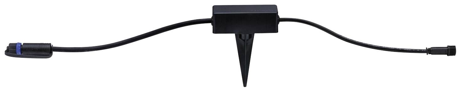 A black connecting plug with two ends and a central, pointed pin for securing, likely for external installations.