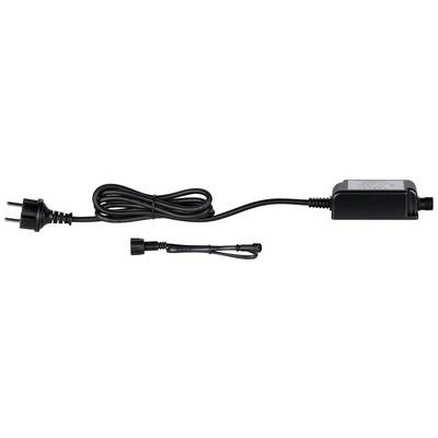 Black power cable with two different plugs, one being a two-pin mains plug, the other a cylindrical connector.