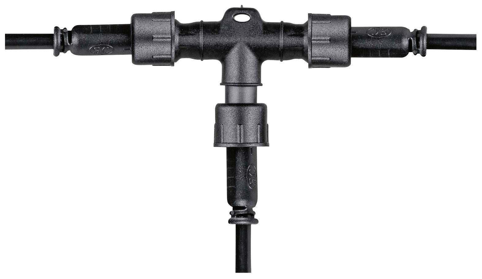 Black T-junction connector for cables, suitable for outdoor use, shows three connection options.