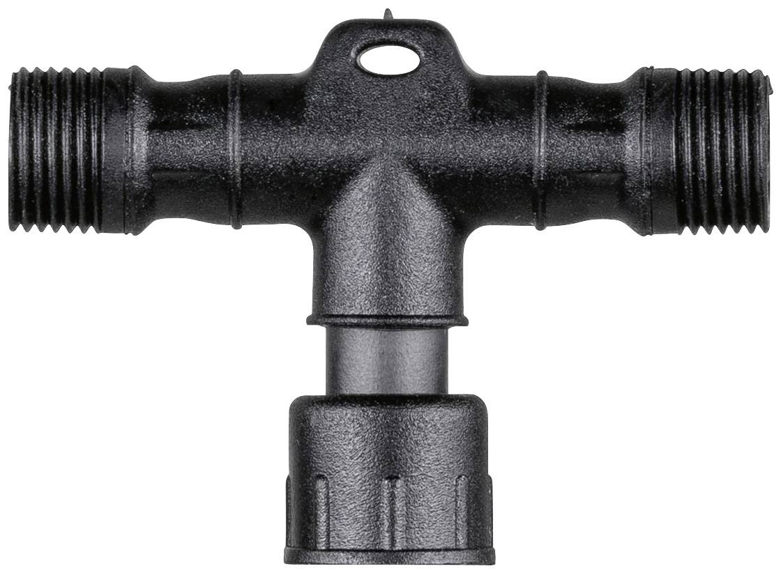 A black plastic T-piece with three connections, two ends with external threads and one end with a larger connection.