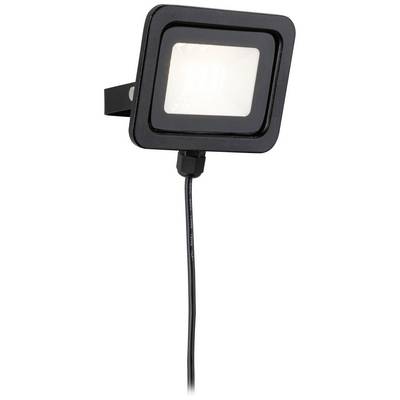 A black LED lamp with a square design and cable. It is suitable for wall mounting and provides white light.