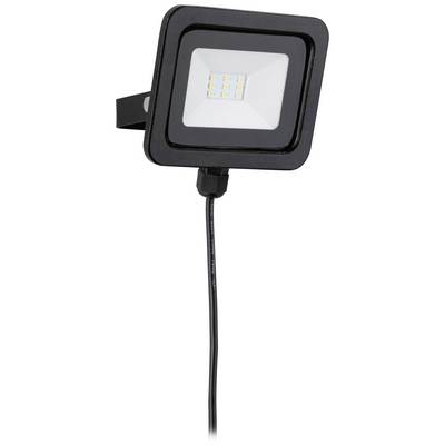Black LED floodlight with a square frame and multiple LED lights. Mounted on a bracket, pointing downwards.