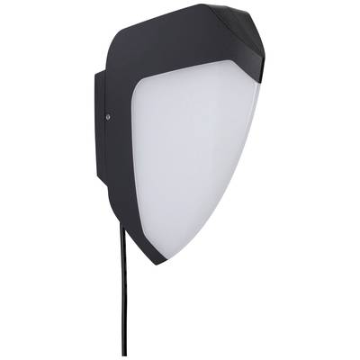 A contemporary, black wall light with a rounded, white diffuser, mounted and wired for interior wall installation.