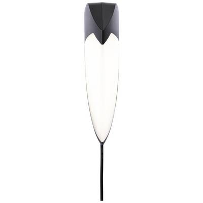 A contemporary wall light in the shape of a stylised leaf with a black border and white illuminated surface, hanging on the wall.