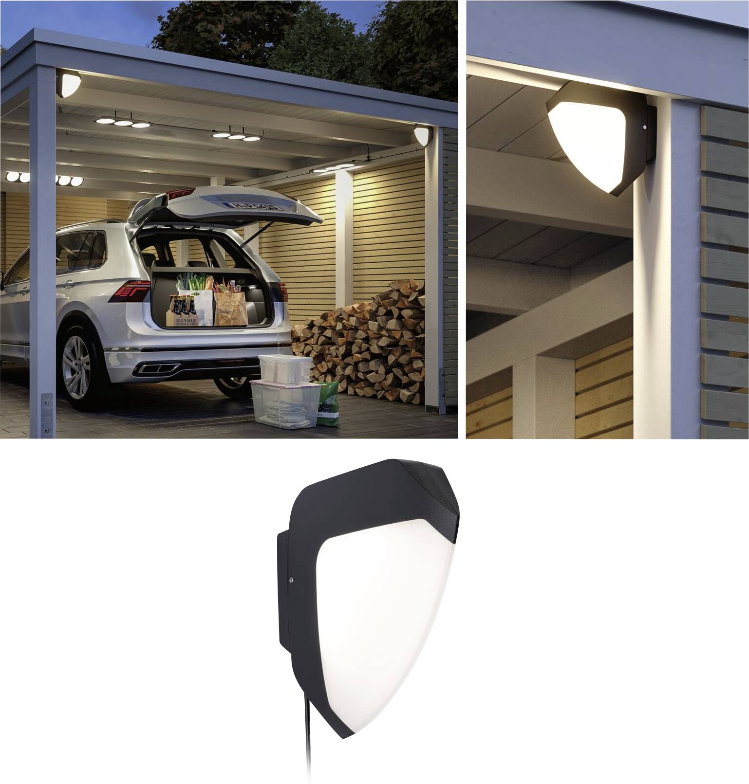 A car is parked in a well-lit, open garage with the boot open. Stacks of wood are placed on the side. Close-up of an attached exterior light.