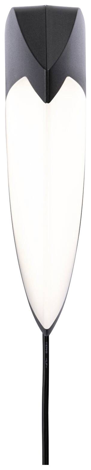 A modern, teardrop-shaped wall light shade with a black housing and a cable at the bottom, illuminating downwards.