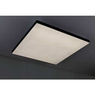 A square ceiling light with diffused white light, mounted on a grey ceiling.