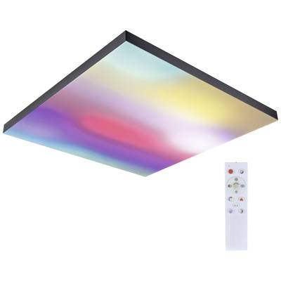 A LED ceiling light with colour-changing options, shown in multiple colours. On the right is a remote control for operation.