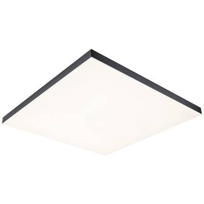 Square LED ceiling light with black frame, emits bright, even light. Ideal for modern living spaces.