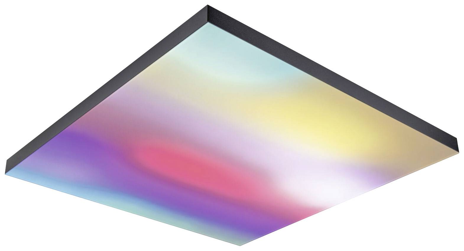 Colourful LED ceiling light with a gradient spanning Blue, Purple, Red, Yellow, and White. Rectangular, mounted on the ceiling.