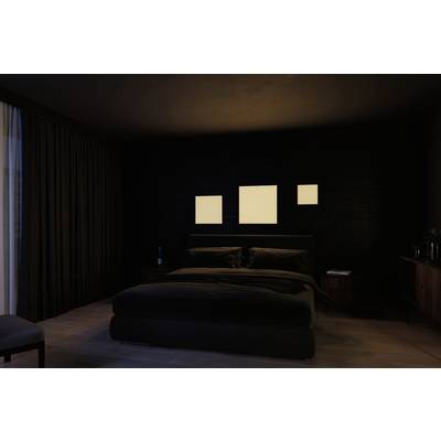 A dark bedroom with a large bed in the centre. Above the bed, three luminous rectangles are mounted on the wall.