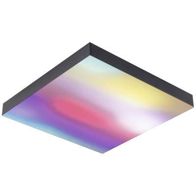 A square ceiling light with a black frame displays a gradient spectrum from blue, purple, red to yellow and white.