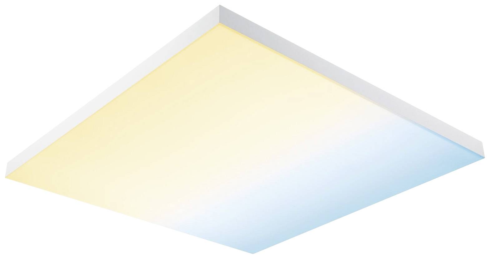 Rectangular ceiling light with a gradient transitioning from warm yellow to cool blue emanates soft, atmospheric lighting.