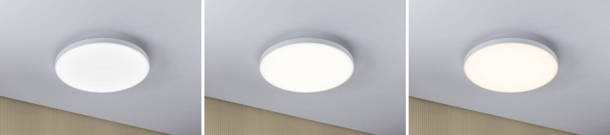Three ceiling lights with varying brightness: left off, middle dimmed, right brightly illuminated, against a white ceiling.