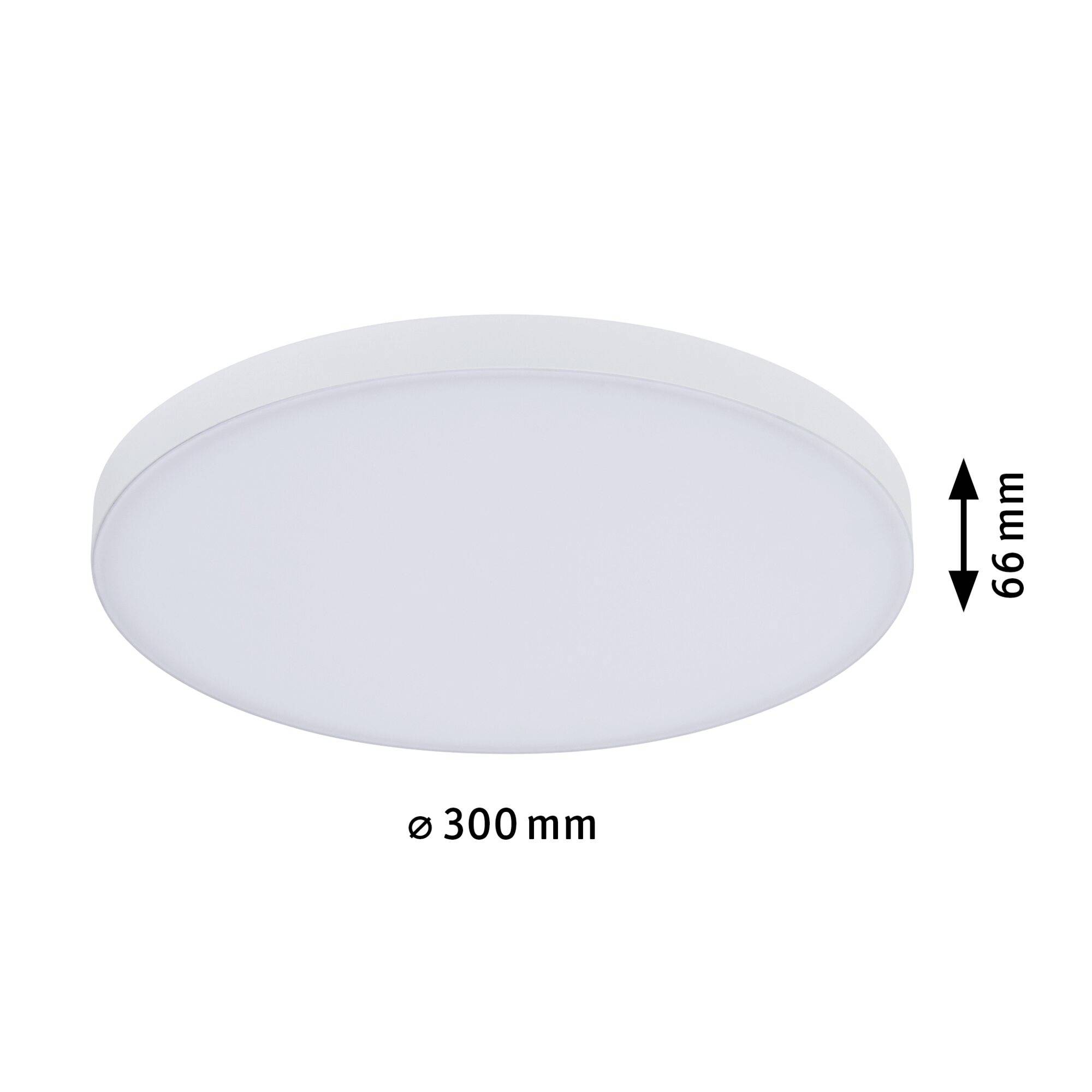 Round, white ceiling light with a diameter of 300 mm and a height of 66 mm.