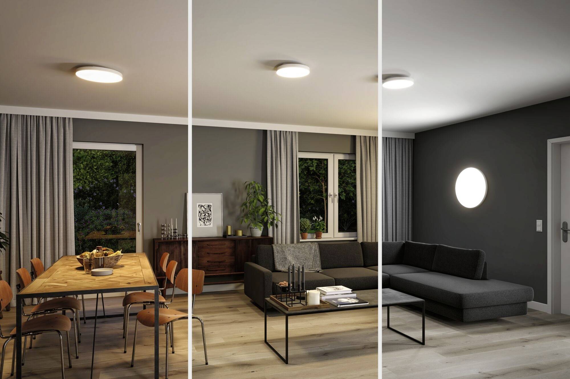 Dining room with a large wooden table on the left, living room with sofa and coffee table in the centre, different lighting for comparison.