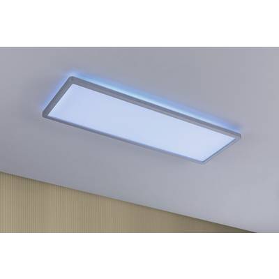 Rectangular ceiling light with a blue glow, mounted on a white ceiling in a room with a light brown wall.