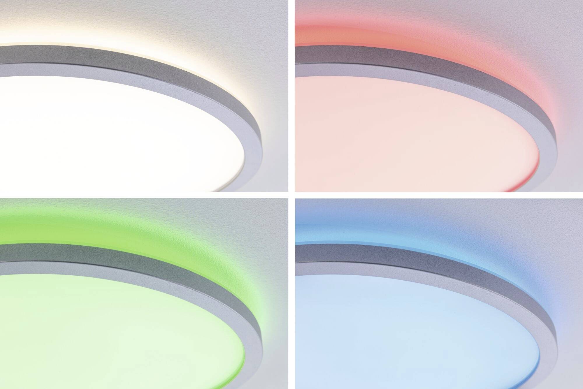 Four round ceiling lights with different light colours: top left white, top right red, bottom left green, bottom right blue.