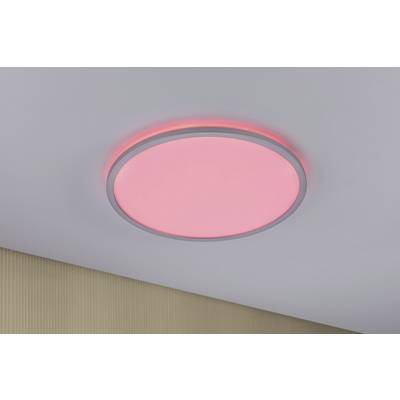A round ceiling light emits a warm, red glow. It is installed against a white ceiling and a beige wall.