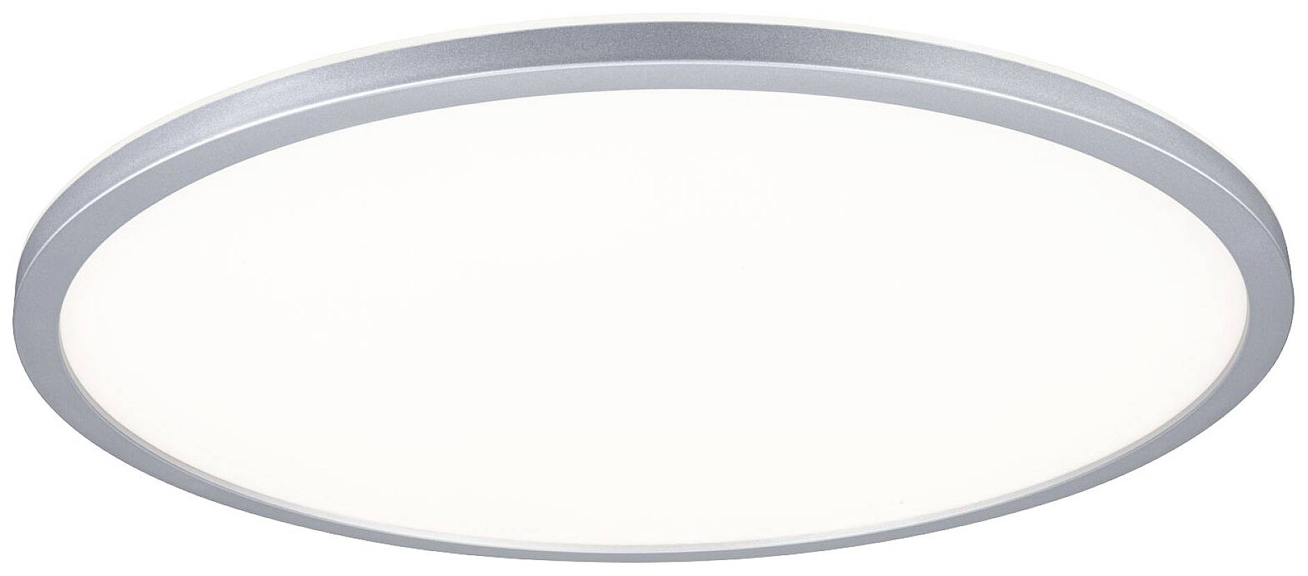 Round, flat ceiling light with a silver frame and white illumination field. Ideal for uniform room lighting.