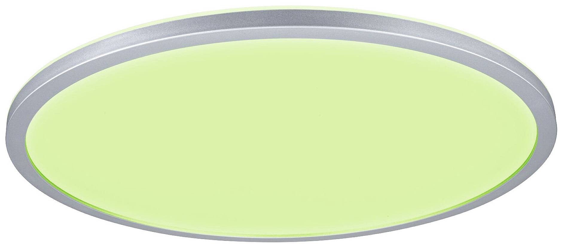 Round ceiling light with silver rim and greenish light surface, suitable for modern room illumination.