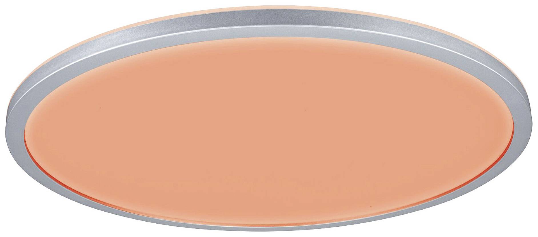 Round, orange ceiling light with a silver rim.