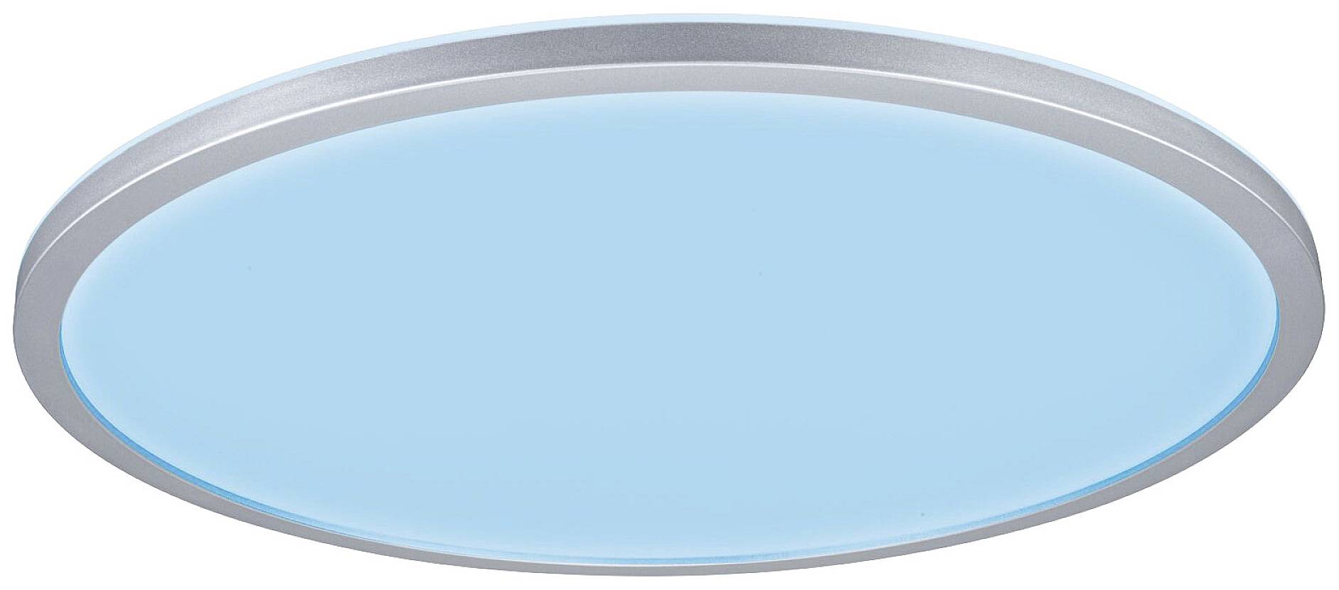 A round, silver ceiling light with a blue illumination panel in the centre.