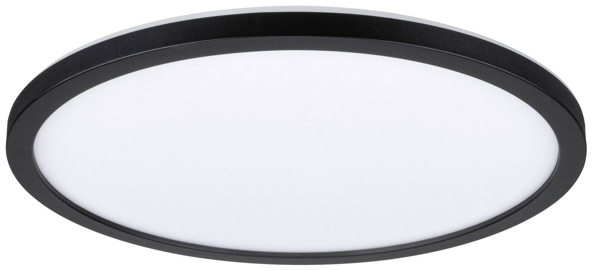 A round, flat ceiling light with a black border and white surface.