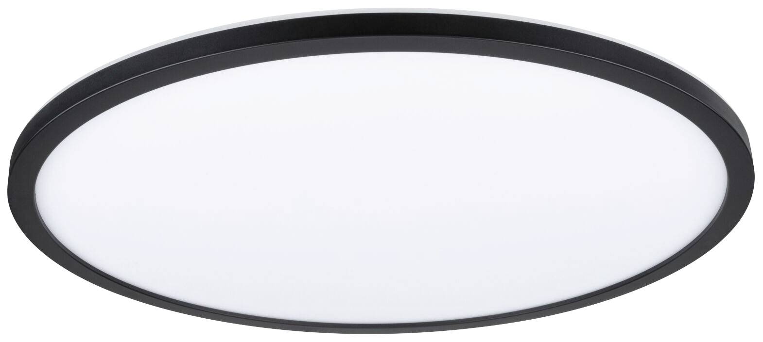 A flat, round ceiling light with a black frame and white cover, suitable for modern interiors.