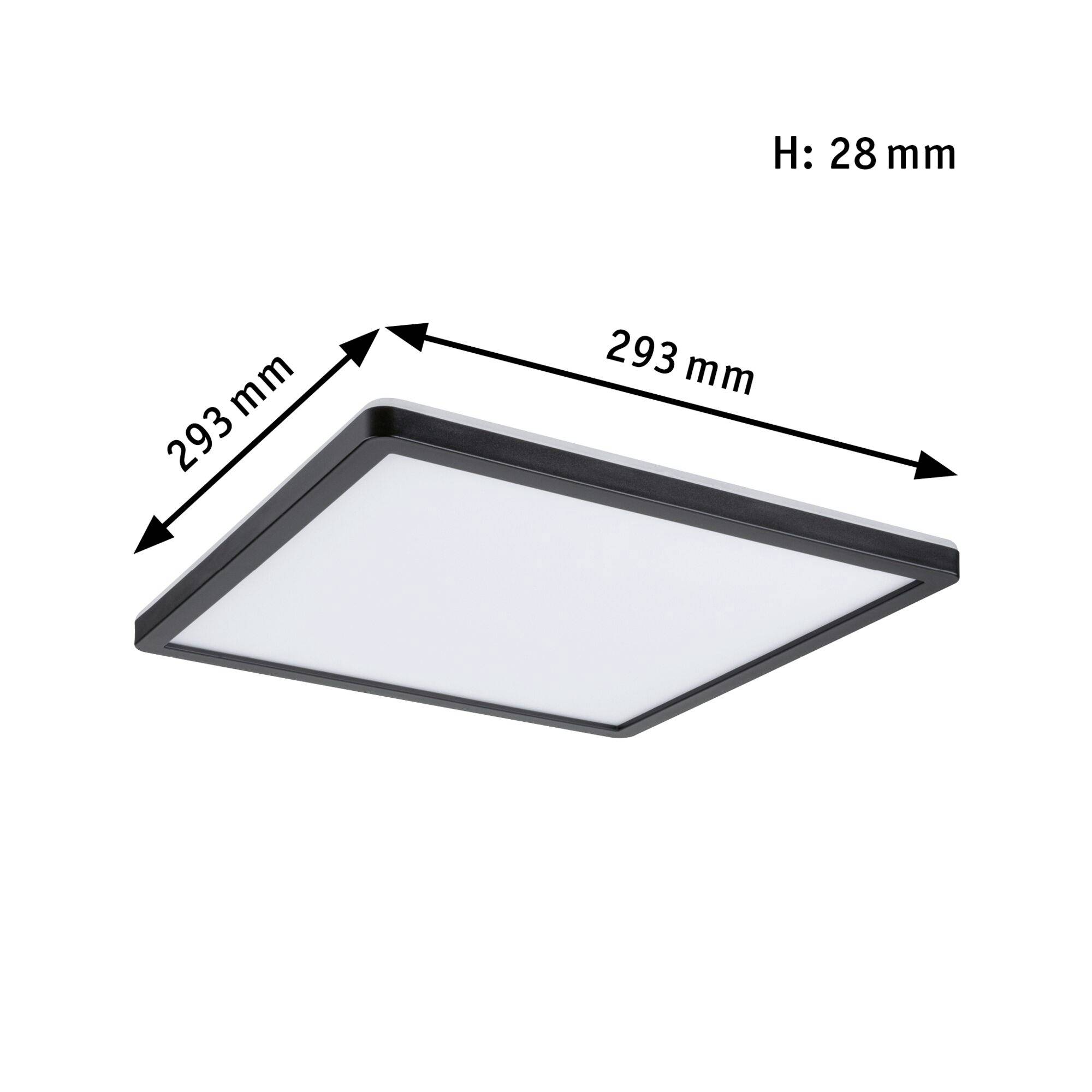Square LED ceiling light in black, measuring 293 mm x 293 mm x 28 mm. Ideal for contemporary interiors.