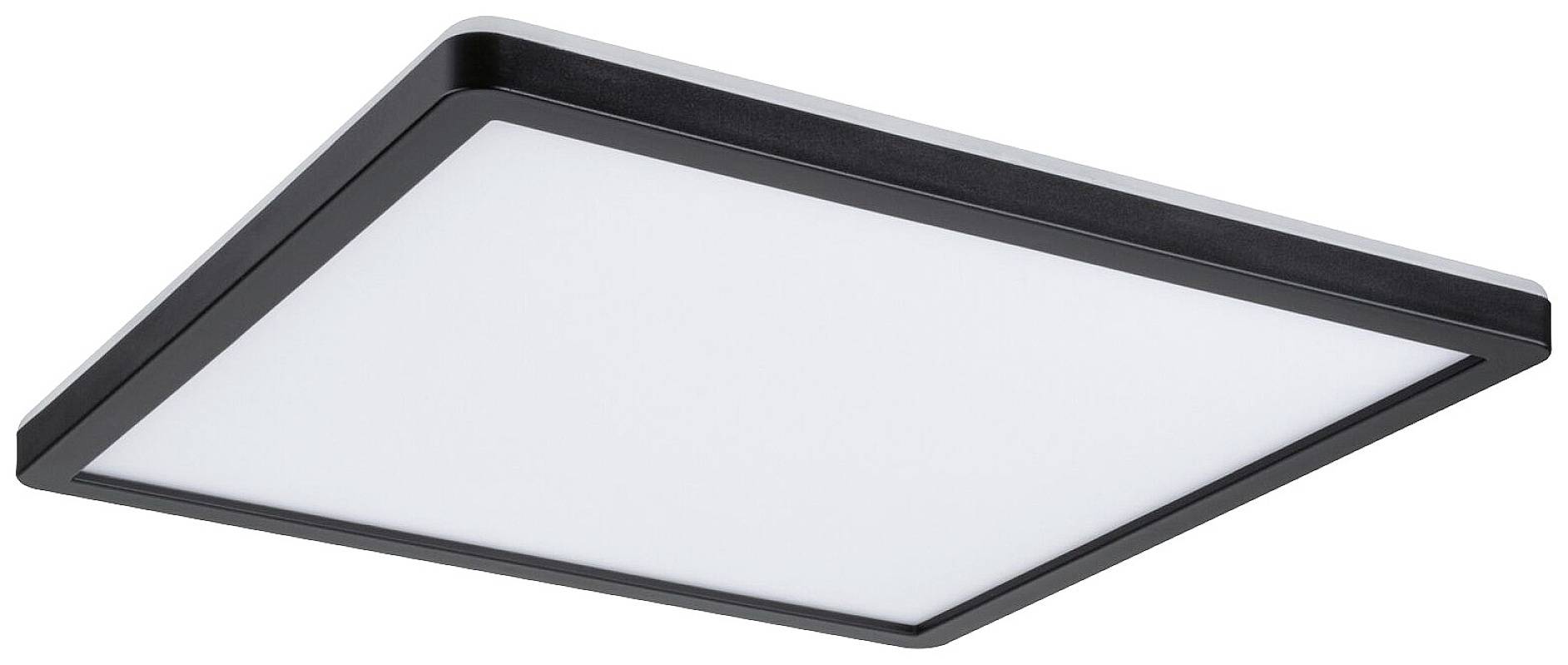Rectangular LED ceiling light with a black frame and white illuminated surface. Modern design for uniform room lighting.