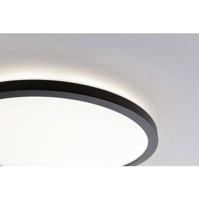 A round ceiling light with a black border, which shines brightly and emits uniform light across the ceiling.