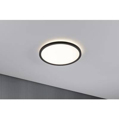 Round ceiling light with a black frame mounted on a white ceiling. The light is switched on and emitting bright light.