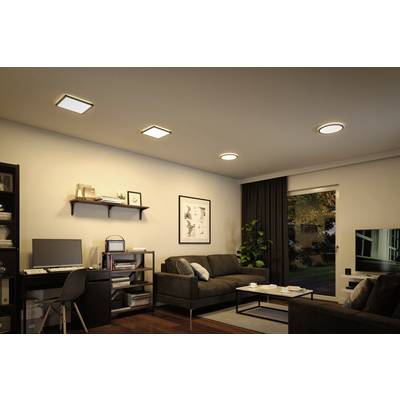 Cosy living room with sofa, coffee table, desk with computer, shelves, plants and ceiling lights. Window with curtain.