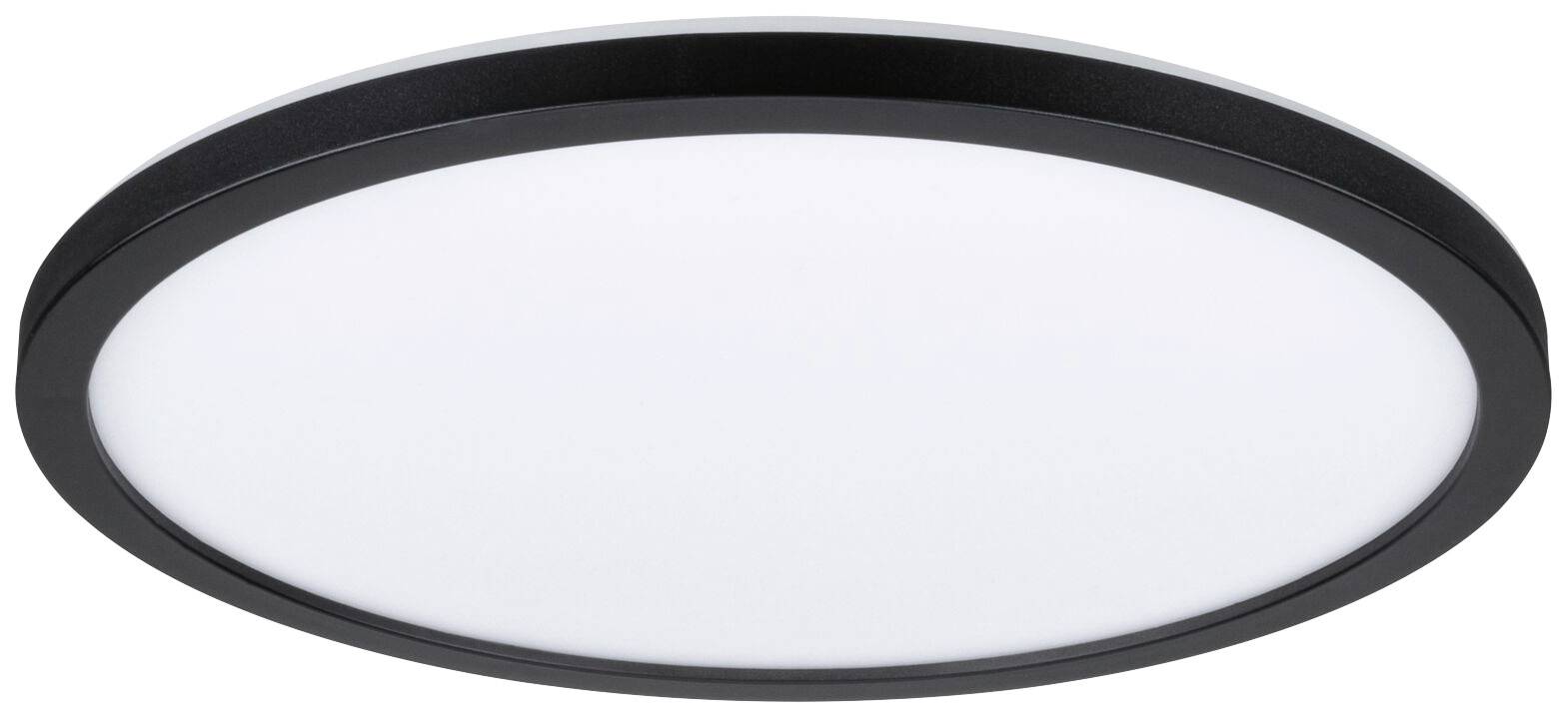 A round, flat ceiling light with a black frame and white illumination element.