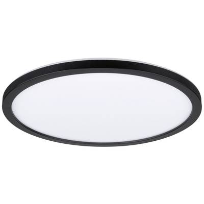 A round, flat ceiling light with a black frame and white illumination element.