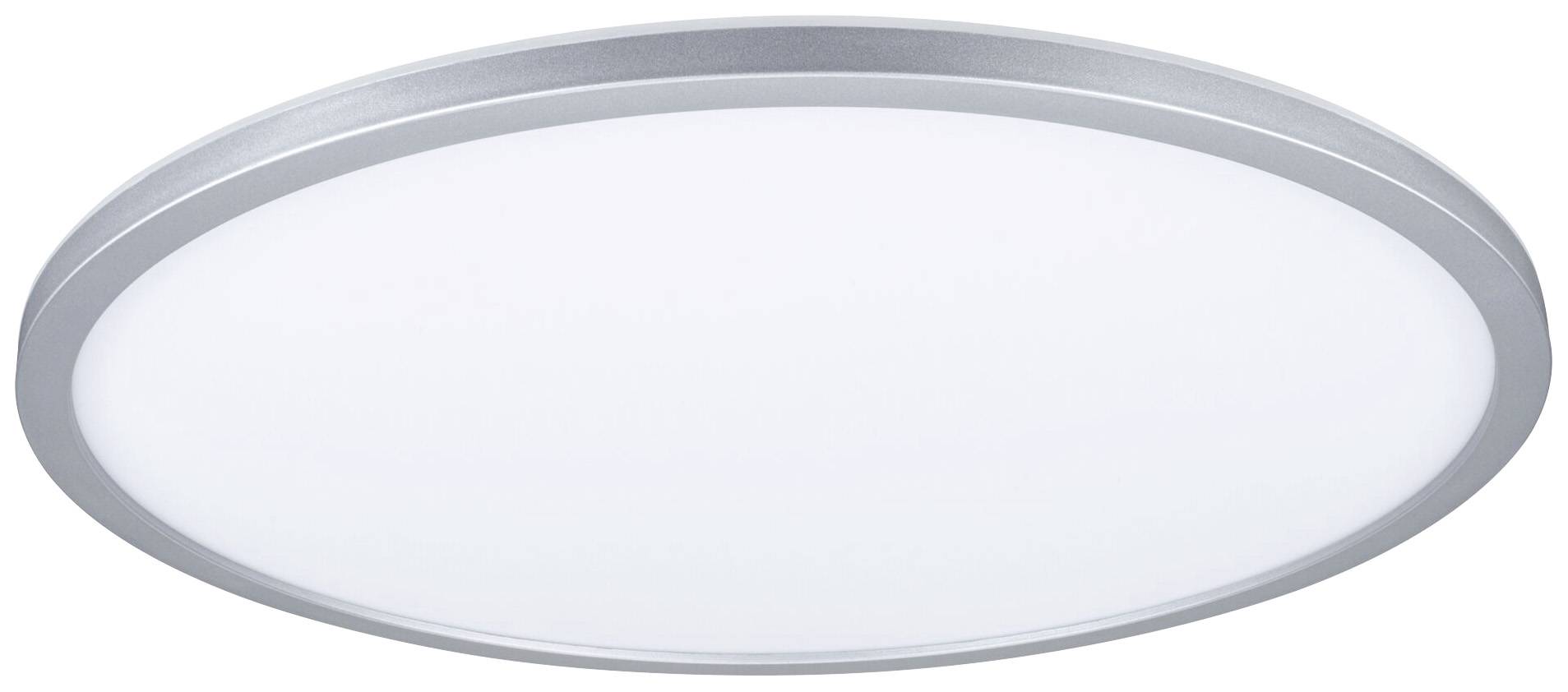 Round, flat LED ceiling light with silver frame.