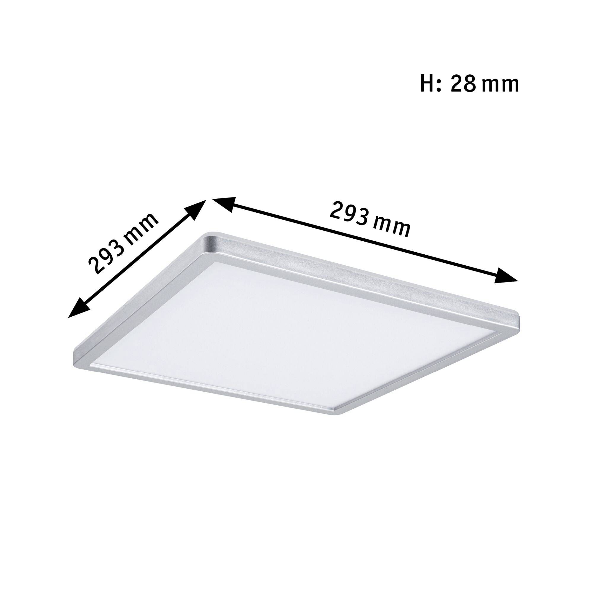 Square LED ceiling light, dimensions: 293 mm x 293 mm, height: 28 mm.