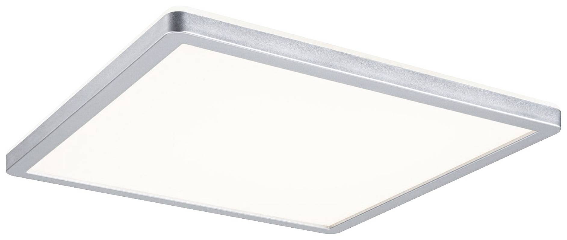 A square, flat LED ceiling light with a silver frame, providing even, bright illumination for interior spaces.