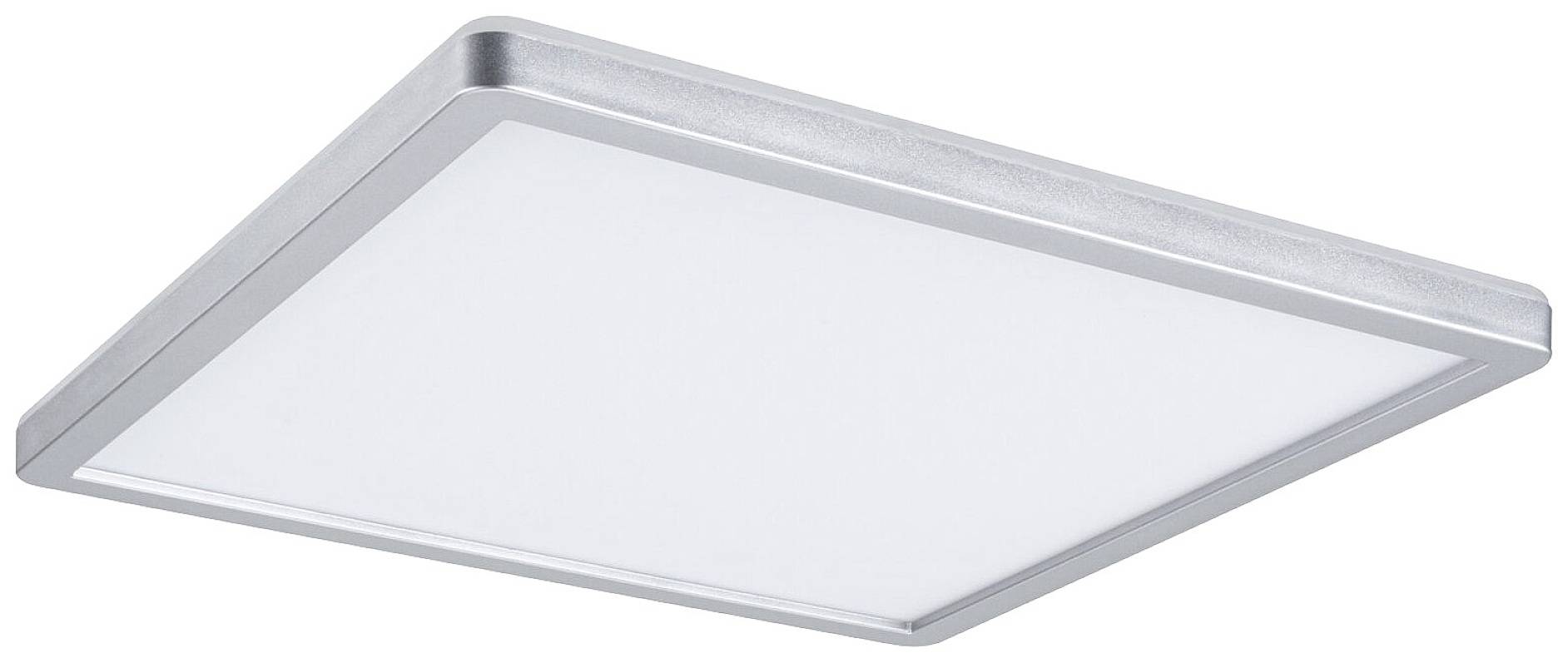 A rectangular, silver-coloured LED panel light with a slim design; suitable for ceiling mounting in modern interior spaces.