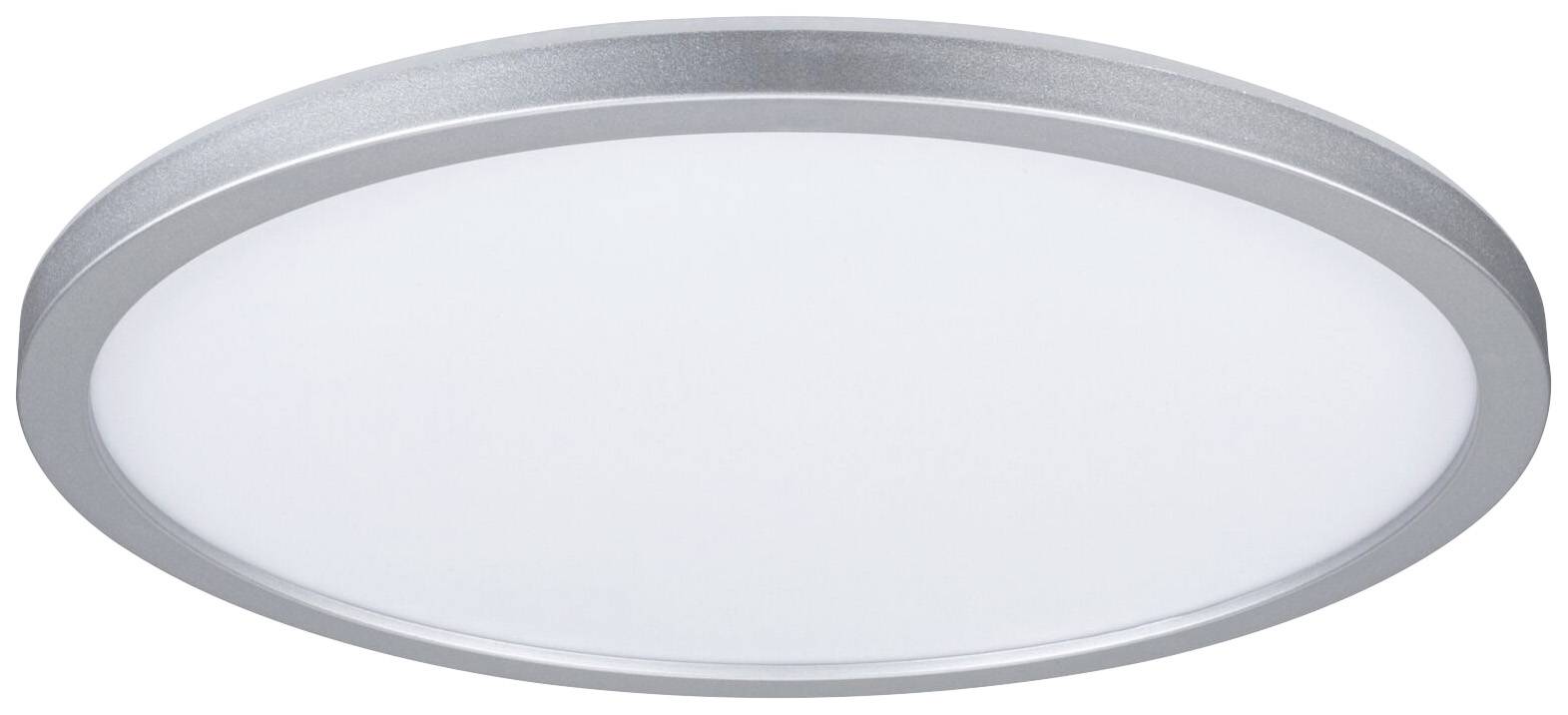 Round, flat ceiling light with a silver rim and white luminaire. Suitable for modern interior design.