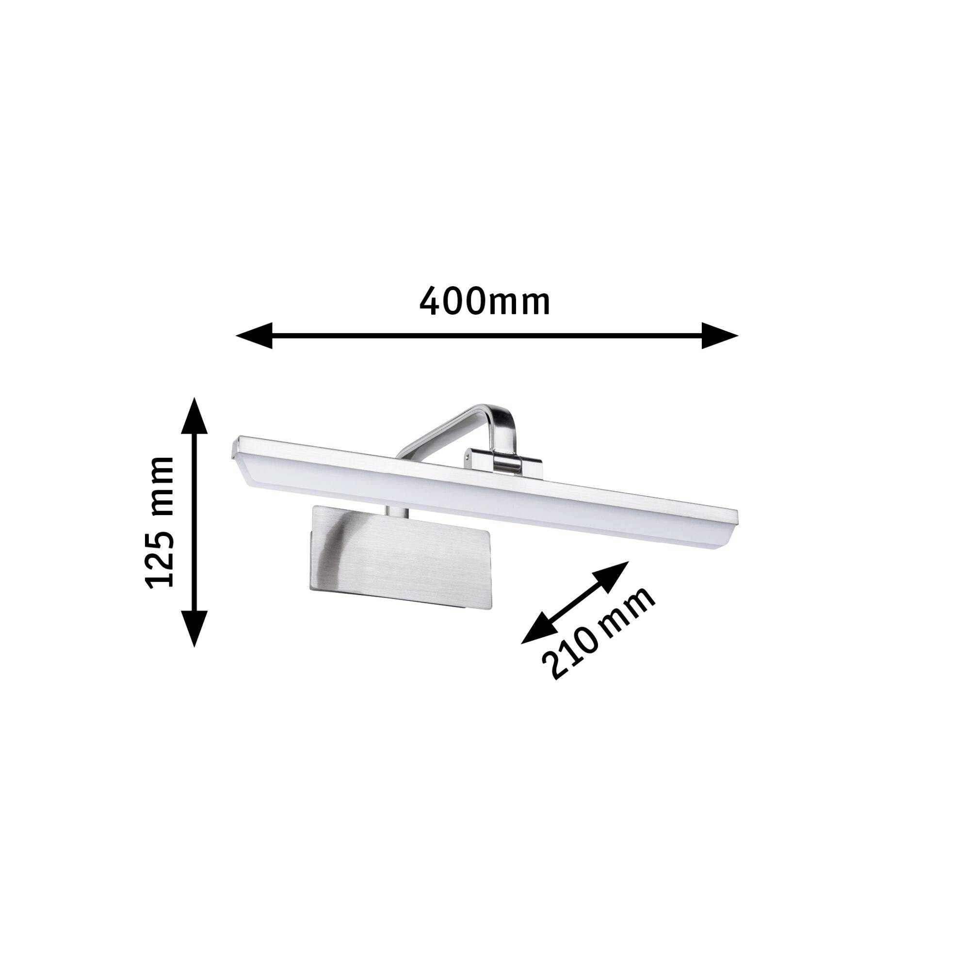 Wall light in silver with a rectangular base and an elongated, flat light panel. Dimensions: 400 mm width, 125 mm height, 210 mm depth.