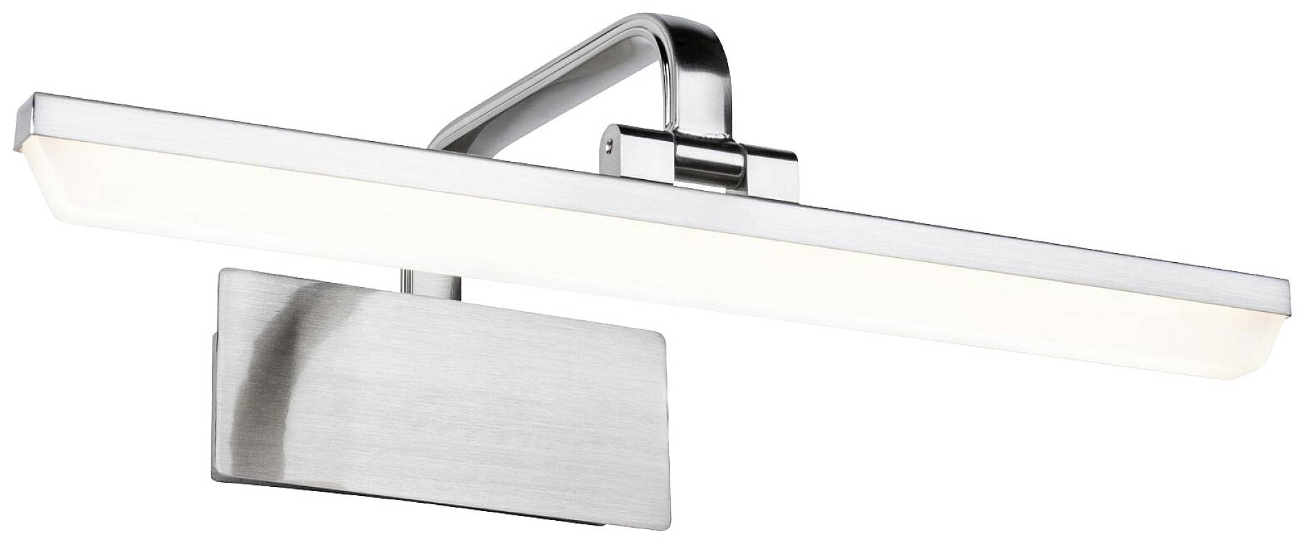 Silver LED bathroom light with a rectangular, slim design. Wall-mounted, ideal for illuminating mirrors or paintings.