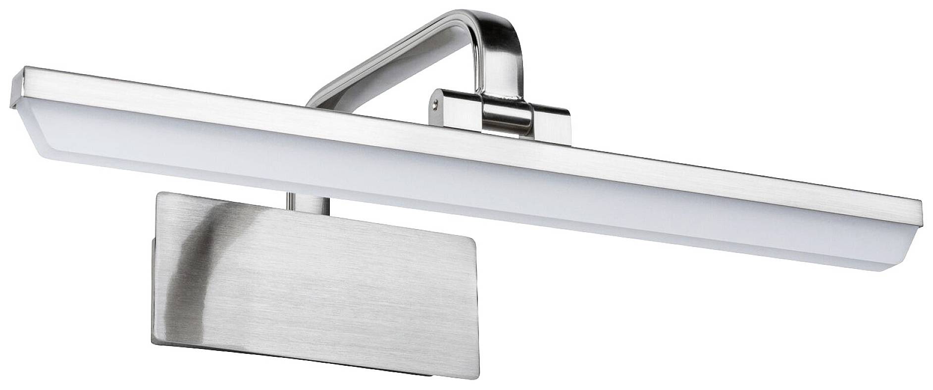 Silver LED wall light with a rectangular illumination body and curved mounting arm. Suitable for illuminating pictures or mirrors.