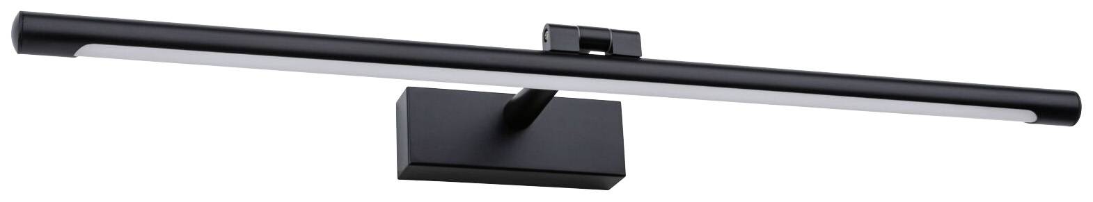 Black, modern wall light with a rectangular base and a long, narrow light body, suitable for illuminating pictures or mirrors.